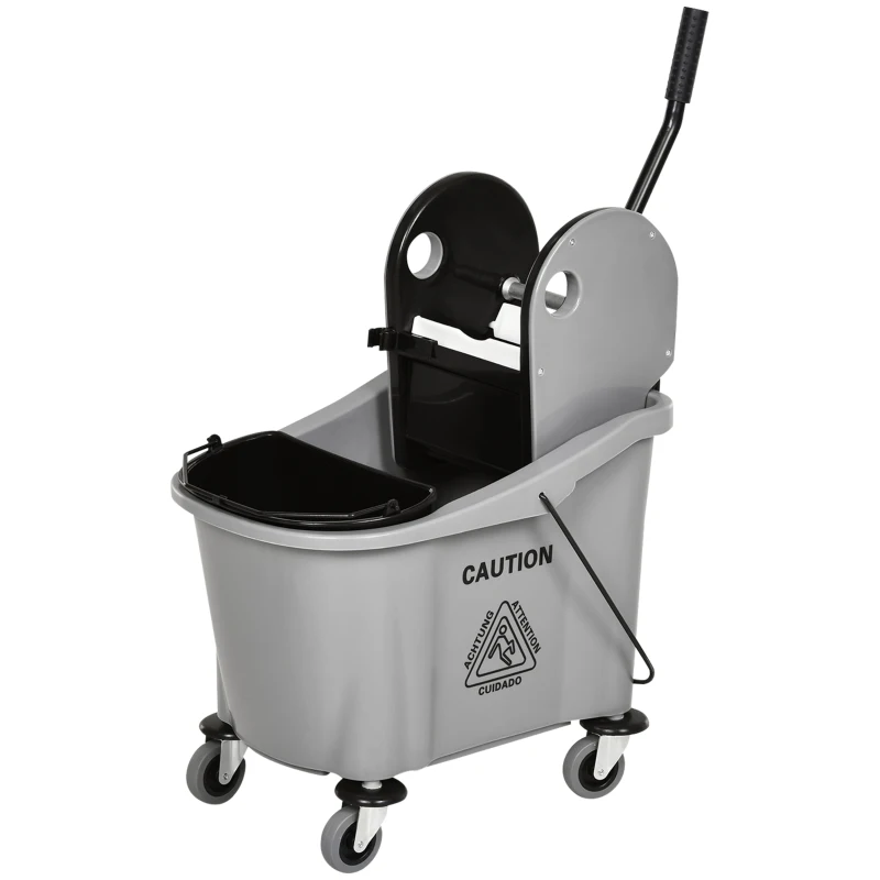 HOMCOM 9.5 Gallon (38 Quart) Mop Bucket with Wringer Cleaning Cart, 4 Moving Wheels, Mop-Handle Holder & 2 Separate Buckets, Gray