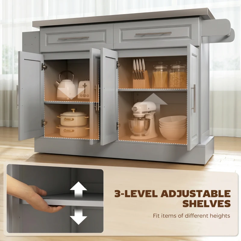 HOMCOM Rolling Kitchen Island Cart with 47" Stainless Steel Top, Portable Island Table for Kitchen with Wheels, Adjustable Shelves, 2 Drawers, Spice, Knife and Towel Rack, Gray