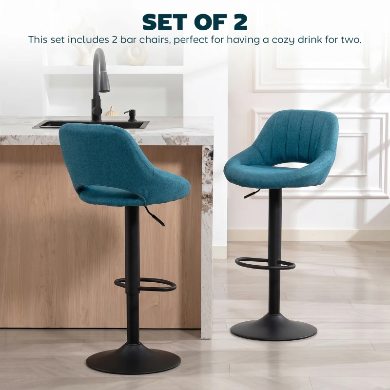 HOMCOM Bar Stools Set of 2, Swivel Bar Height Barstools Chairs with Adjustable Height, Round Heavy Metal Base, and Footrest, Blue