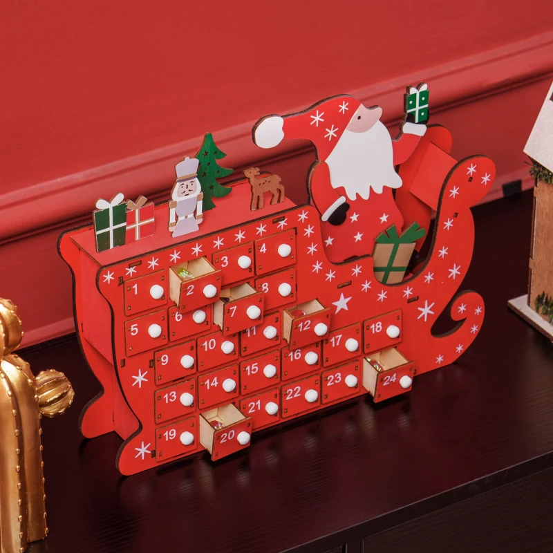 HOMCOM Wooden Christmas Advent Calendar with 24 Countdown Drawers, Reusable Holiday Decor Xmas Gift for Kids Adults, Red