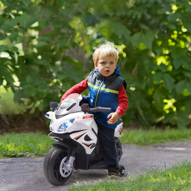 Aosom 6V Kids Motorcycle Police Electric Ride-On Dirt Bike Off-road Street Bike Battery Powered Rechargeable Horn Headlights Training Wheels Realistic Sounds for Girls and Boys 18 - 36 months White