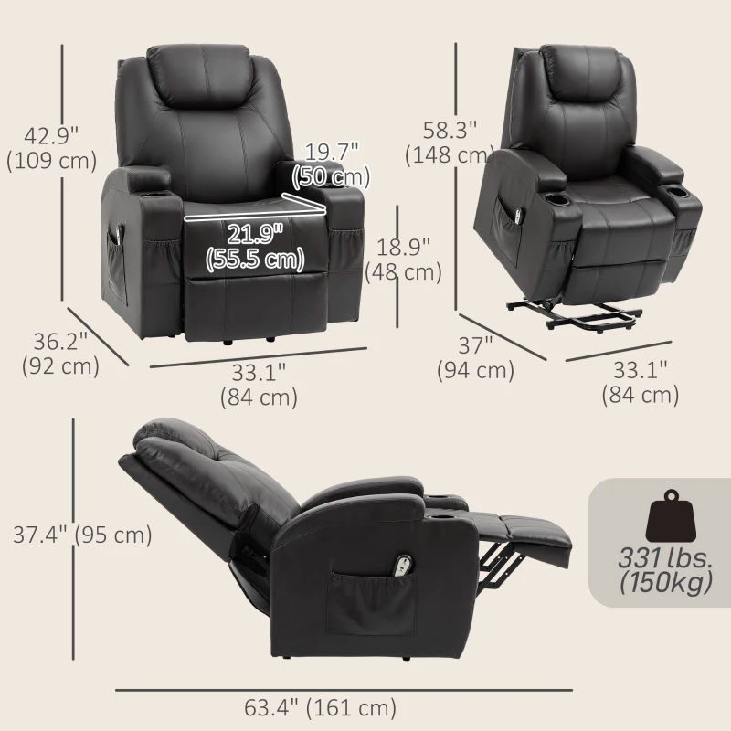 HOMCOM Power Lift Recliner Chair for Elderly, PU Leather Lift Chair with Thick and High Back, Footrest, Remote, Side Pockets, Cup Holders, Reclining Sofa for Living Room, Black
