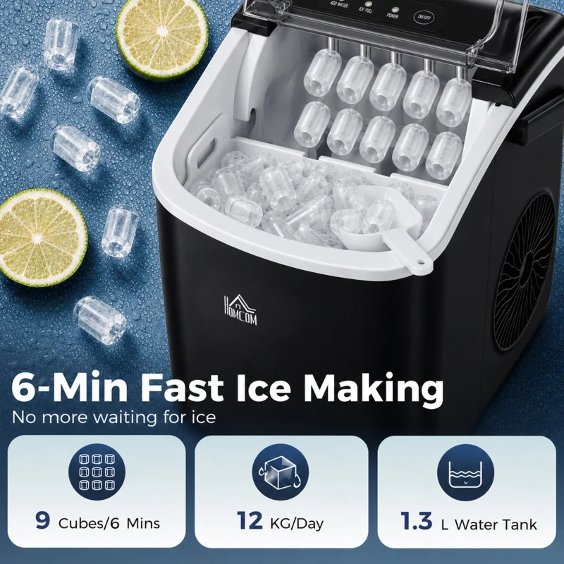 HOMCOM Portable Ice Maker Countertop with Handle, Self Cleaning Ice Maker Machine with Scoop and Basket, 26lbs/24Hrs, Black
