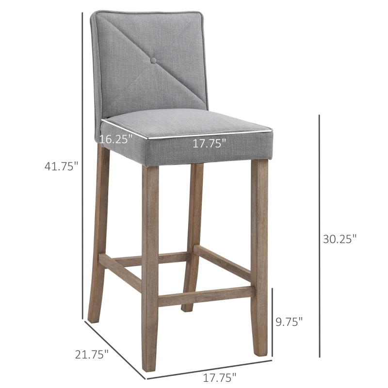 HOMCOM Modern Bar Stools Set of 2, Upholstered Barstools Kitchen Island Chair with Build-In Footrest, Solid Wood Legs, Gray