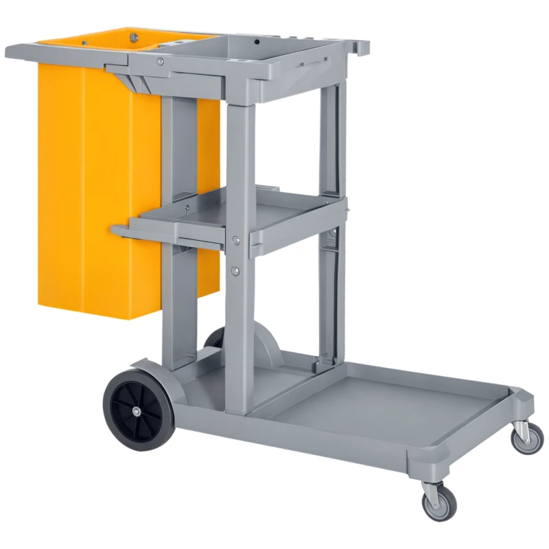 HOMCOM Janitorial Cart with 3 Shelves, Cleaning Cart on Wheels with Rubbish Bag and Mop Holders for Hotel, Housekeeping, Grey
