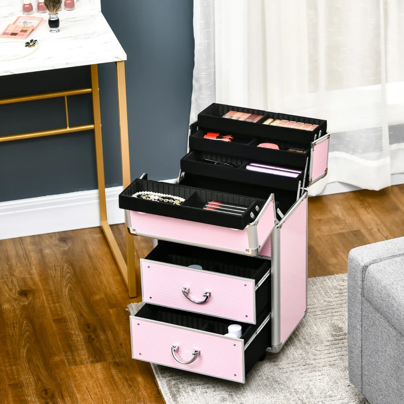 HOMCOM Rolling Makeup Train Case, Large Storage Cosmetic Trolley, Lockable Traveling Cart Trunk with Folding Trays, Swivel Wheels
