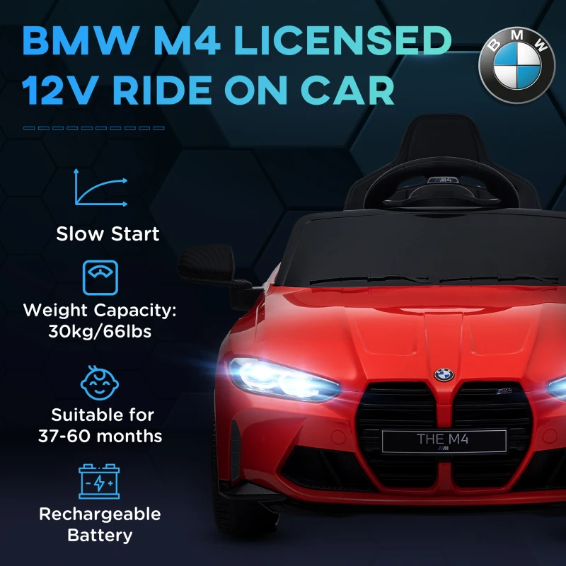 Qaba BMW M4 Licensed 12V Ride on Car, Kids Car w/ Remote Control, Suspension, Handle Attachment, LED Lights, Music, Red