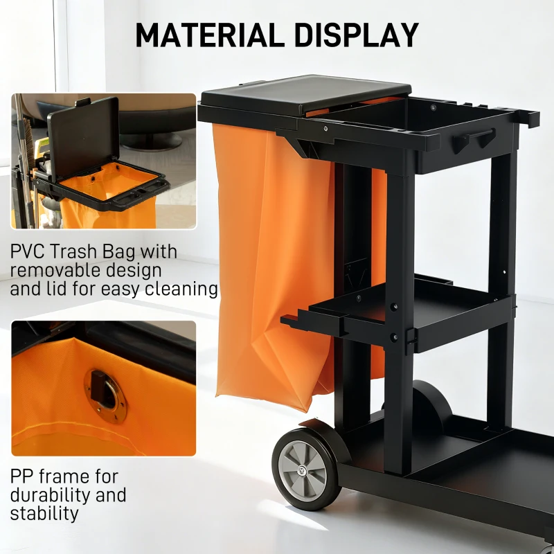 HOMCOM Commercial Janitorial Cart with 3 Tier Shelves, Cleaning Cart with Rubbish Bag and Mop Mount for Hotel Restaurant, Black