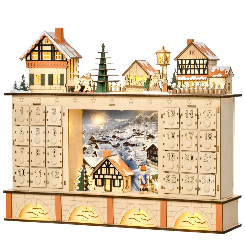 HOMCOM Christmas Advent Calendar, Light Up Table Xmas Wooden Store Holiday Decoration with Countdown Drawer, Village, for Kids and Adults, Natural