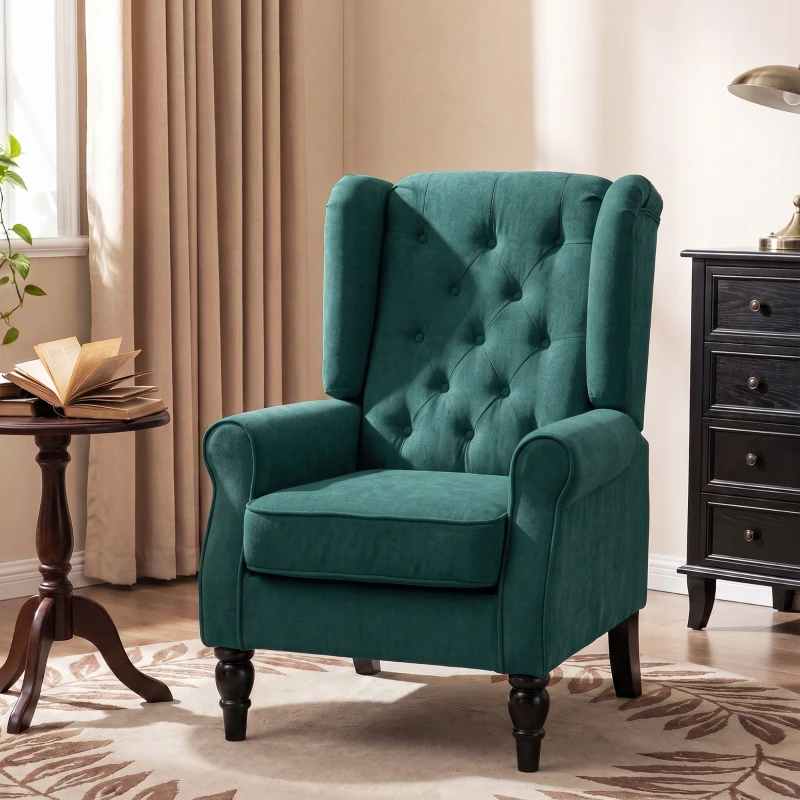 HOMCOM Fabric Accent Chair, Button Tufted Armchair, Armchair with Wood Legs, Thick Padding for Bedroom Dark Green