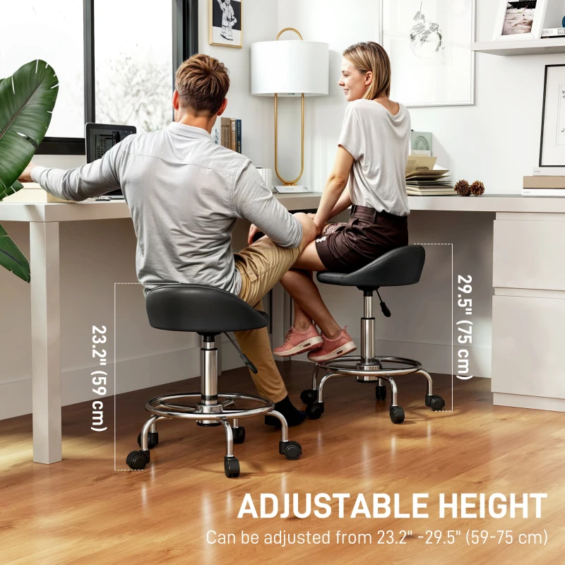 HOMCOM PU Leather Rolling Stool, Height Adjustable Swivel Salon Chair with Backrest and Foot Rest for Spa, Tattoo, Black