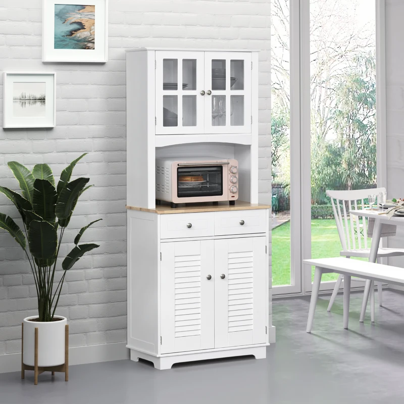 HOMCOM 67" Modern Buffet with Hutch, Louvered Kitchen Pantry Microwave Cabinet with Framed Glass Doors and 2 Drawers, White