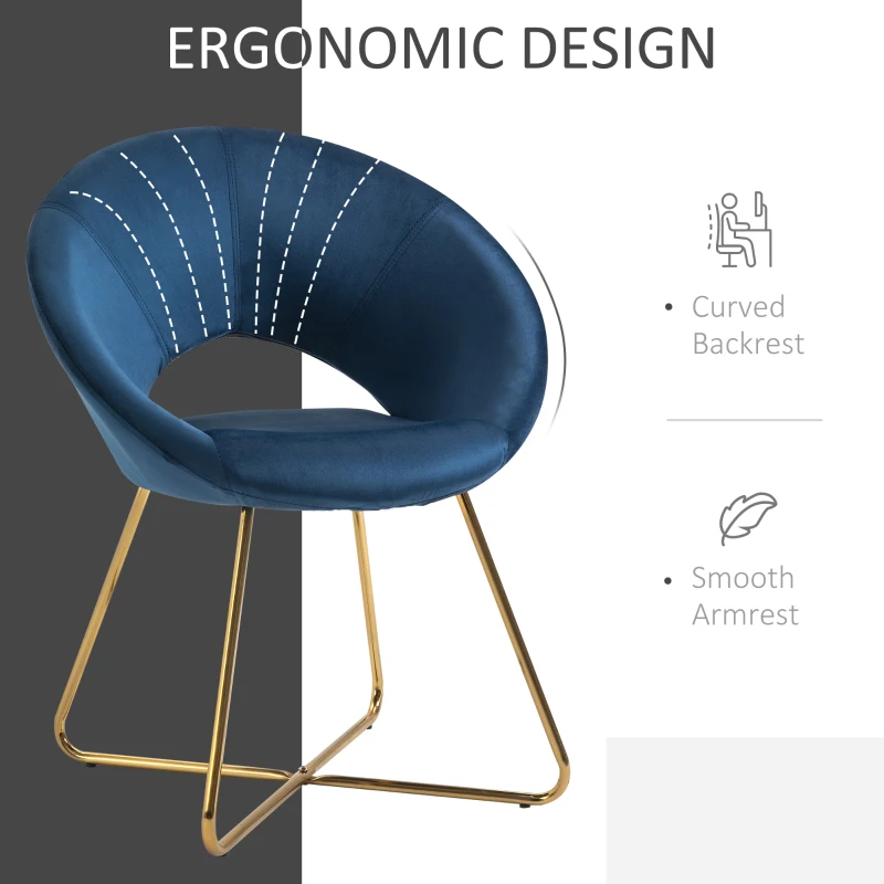 HOMCOM Modern Accent Velvet Chair Open Curved Mid-Back Upholstered Vanity Chair with Gold Plating Metal Legs for Living Room