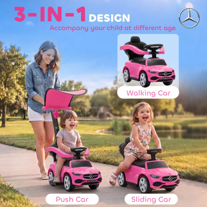 Qaba 3 in 1 Toddler Push Car Licensed Benz with Push Handle, Guardrails, Canopy, Horn, Music, Storage for 18-36 Months, Pink