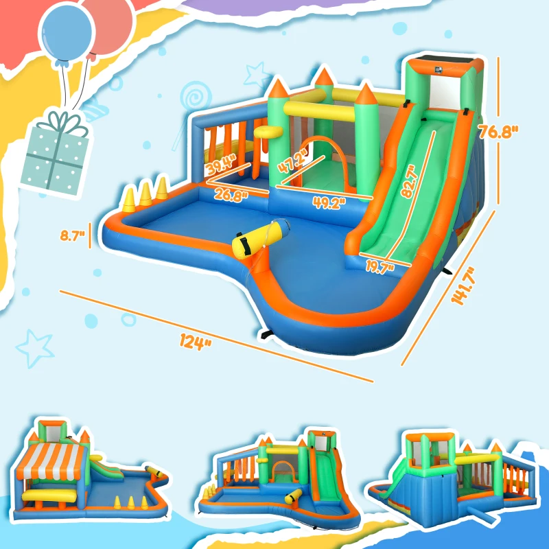 Qaba 8 in 1 Inflatable Bounce House Water Slide with 550W High Power Blower, for 3-8 Years