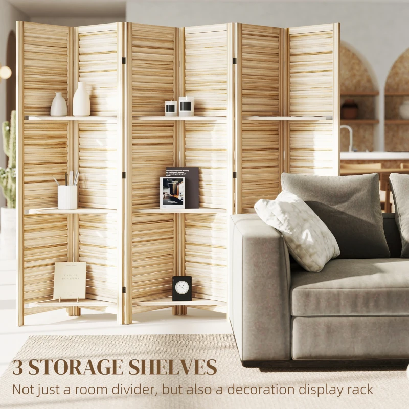 HOMCOM 6 Panel 67" Tall Wood Privacy Screen Room Divider with 3 Shelves and Folding Storage for Bedroom, Natural Wood