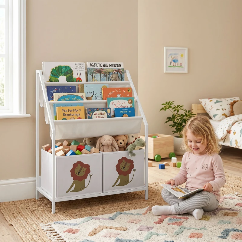 Qaba Kids Bookshelf, 3-Tier Sling Bookshelf with Toy Storage, Montessori Toy Organizer with Non-Woven Drawers for Kids Room