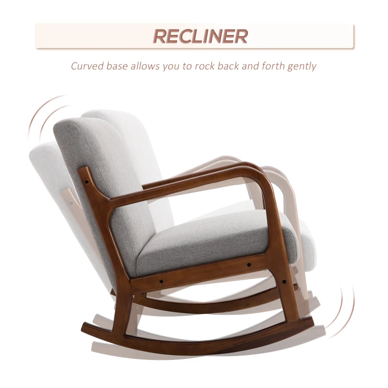 HOMCOM Upholstered Rocking Armchair with Wood Base and Linen Fabric Padded Seat for Living Room, Grey