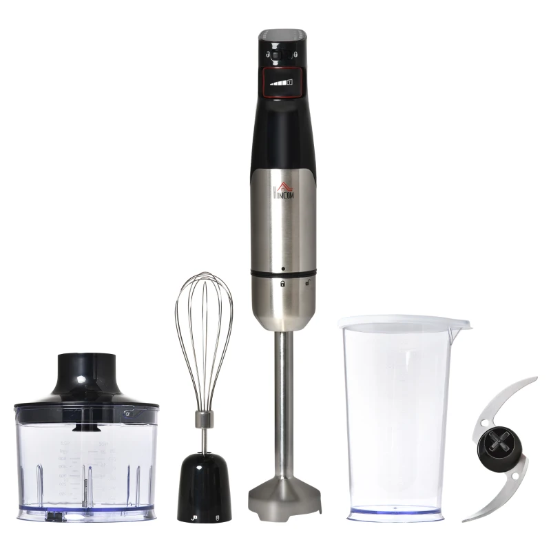 HOMCOM Immersion Hand Blender, 400W 4-In-1 Handheld Stick Blender with Adjustable Speed, 500ml Chopper, Egg Whisk, 800ml Measuring Cup, Stainless Steel Blades for Smoothie, Baby Food, Sauce, Soup