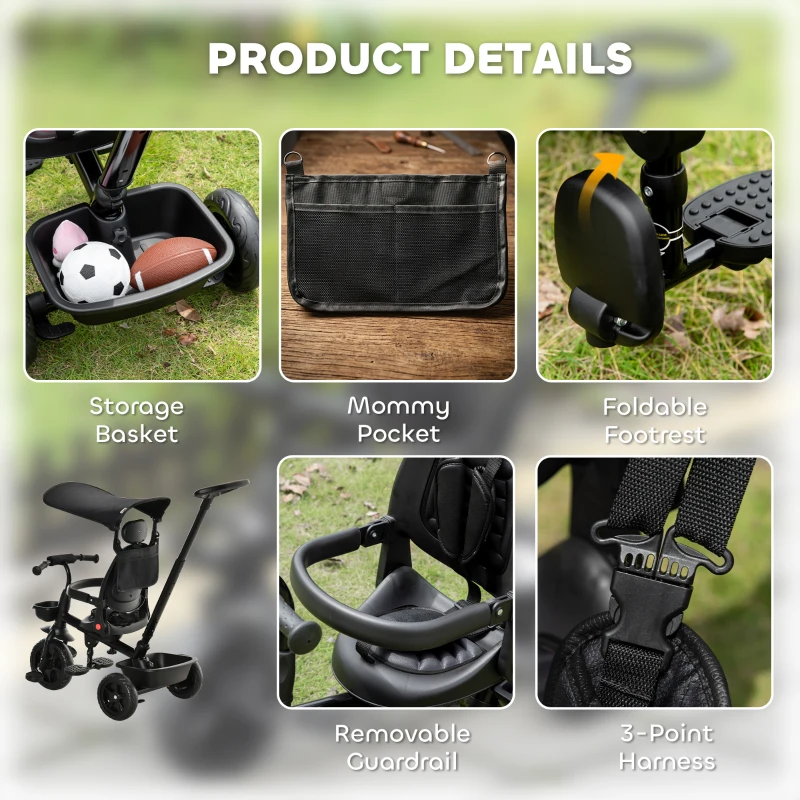 Qaba Tricycle for Toddler 5 in 1 Kids Trike, Converts Stroller to Toddler Bike, Adjustable Backrest & Flat Canopy, Detachable Guardrail & Handle for 1-5 Years Old, Black