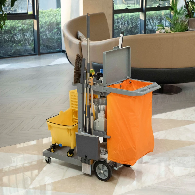 HOMCOM Commercial Janitorial Cart with 3 Tier Shelves, Cleaning Cart with Rubbish Bag and Mop Mount for Hotel Restaurant, Grey