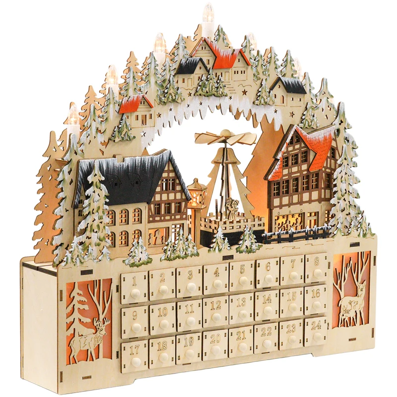 HOMCOM Wooden Christmas Advent Calendar with 24 Fillable Countdown Drawers and LED Lights, Battery Operated