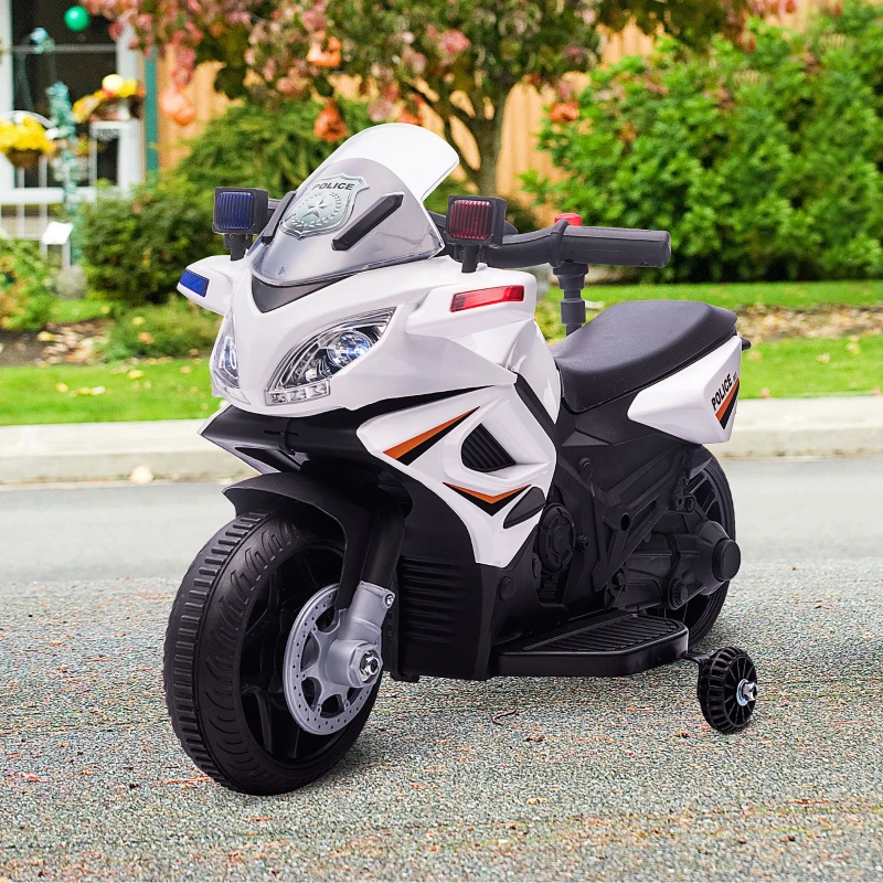 Aosom 6V Kids Motorcycle Police Electric Ride-On Dirt Bike Off-road Street Bike Battery Powered Rechargeable Horn Headlights Training Wheels Realistic Sounds for Girls and Boys 18 - 36 months White