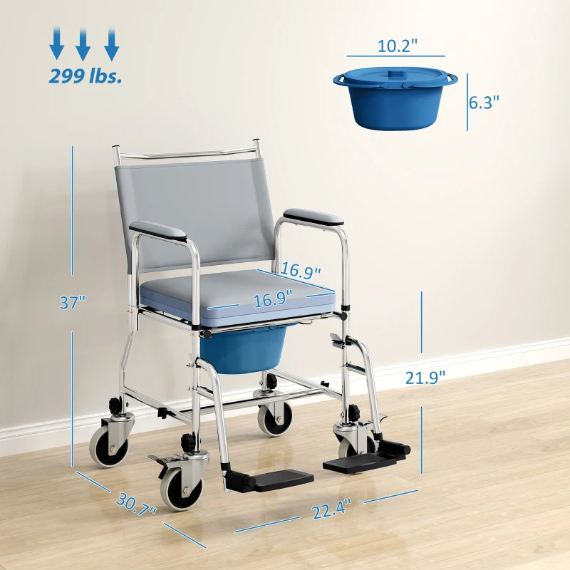 HOMCOM Rolling Shower Chair, Bedside Commode Wheelchair with Padded Seat, Backrest, for Seniors, Disabled, 300 lbs, Gray