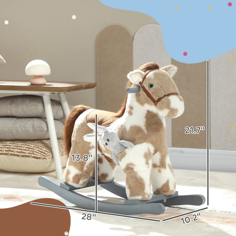 Qaba Rocking Horse, Kids Plush Horse Rocker with Rabbit Toy and Realistic Neigh for Toddlers 2–5 Years Old, Brown