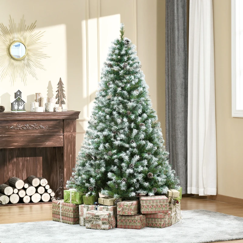 HOMCOM 6ft Unlit Snow-Dusted Full Fir Artificial Christmas Tree with Realistic Branches, 61 Pine Cones and 800 Tips