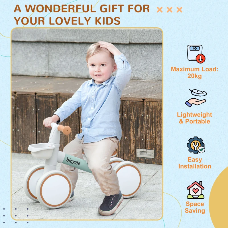Qaba Balance Bike for Toddlers 1-3 Years with Adjustable Seat, Silent Wheels, No Pedal Bike, Green