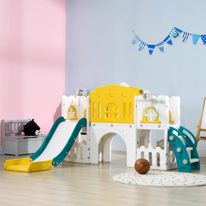 Qaba 9 in 1 Toddler Slide with Basketball Hoop, Climber, Telescope, Tunnel, Steering Wheel, for 1-3 Years, Yellow