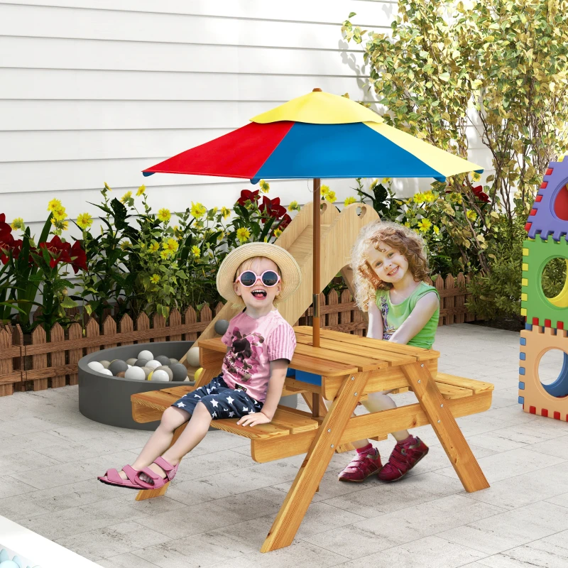 Outsunny Sensory Table 3 in 1 Toddler Water and Sand Table w/ Foldable Umbrella 2 Play Boxes Removable Top, 3-6 Years Old, Teak