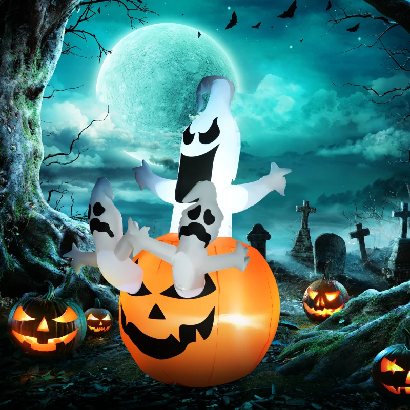 HOMCOM 6FT Tall Halloween Inflatable Jack-O-Lantern and Ghosts, Outdoor Blow Up Yard Decoration with Pumpkin Lantern and LED Lights for Garden, Lawn, Party, Holiday