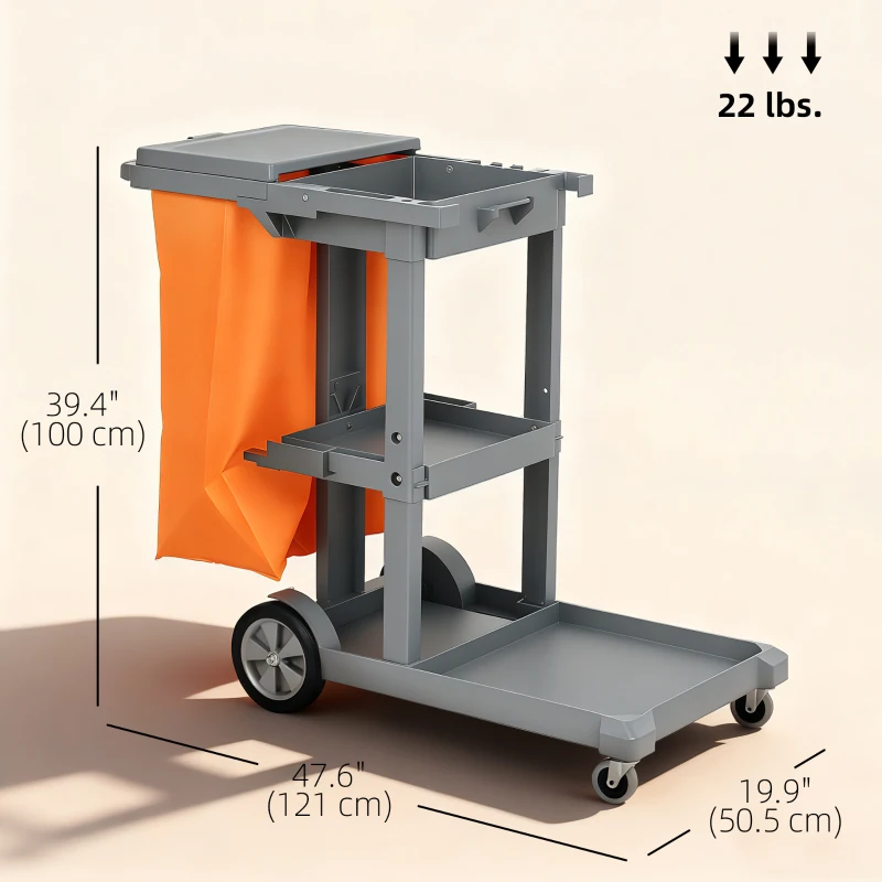 HOMCOM Commercial Janitorial Cart with 3 Tier Shelves, Cleaning Cart with Rubbish Bag and Mop Mount for Hotel Restaurant, Grey