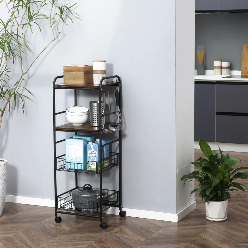 HOMCOM Kitchen Cart with Storage, 16"W Slim Rolling Cart, 4 Tier Kitchen Shelves on Wheels with Side Racks, 2 Basket for Fruit Vegetable, Utility Cart for Narrow Space, Laundry, Rustic Brown