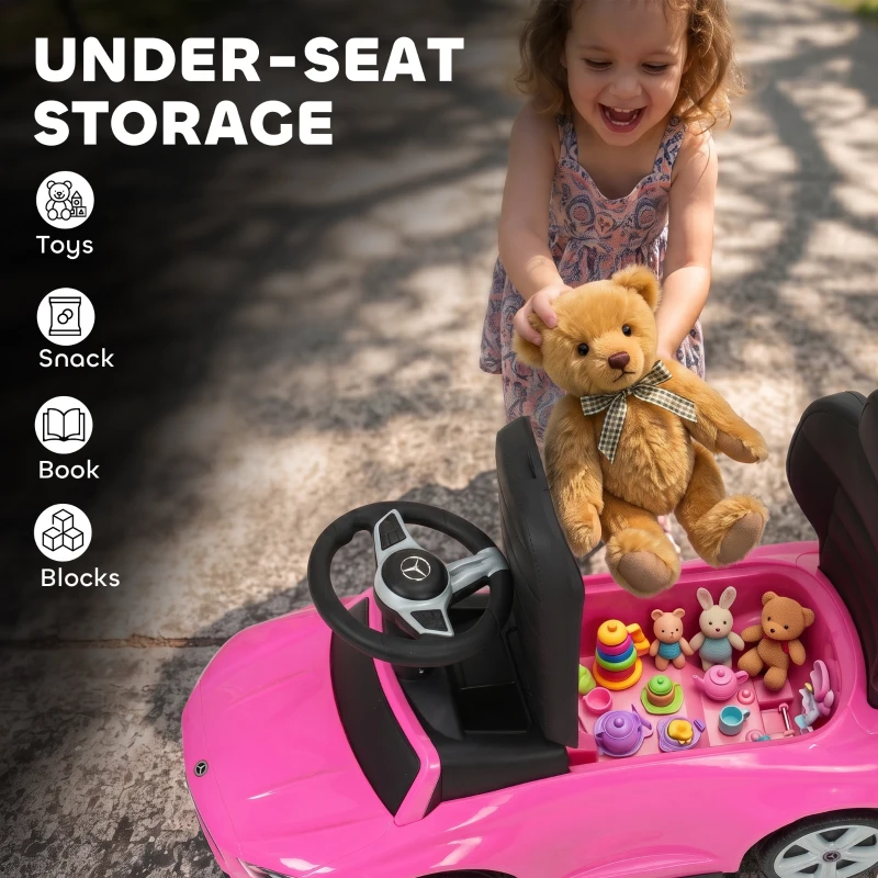 Qaba 3 in 1 Toddler Push Car Licensed Benz with Push Handle, Guardrails, Canopy, Horn, Music, Storage for 18-36 Months, Pink