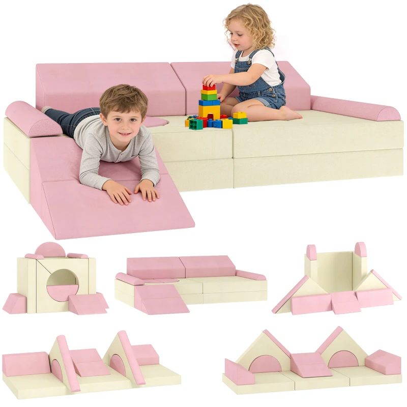 Qaba 12 PCS Modular Kids Play Couch, Child Sectional Sofa for Toddlers, Convertible Foam and Floor Cushion, Pink
