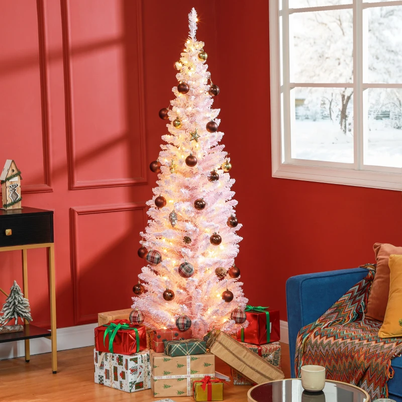 HOMCOM 6ft Pencil Christmas Tree, Slim Artificial Christmas Tree with Realistic Branches and Warm White LED Lights, Pink