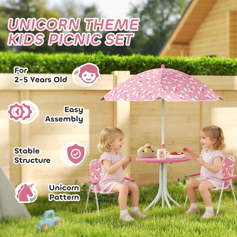 Qaba Kids Picnic Table, Kids Table and Chair Set with 2 Folding Chairs and Umbrella for Backyard, Garden, Patio, Pink