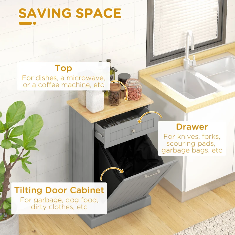 HOMCOM 10 Gallon Tilt Out Trash Cabinet, Wooden Hidden Trash Can with Storage Drawer for Kitchen, Laundry Hamper Cabinet for Bathroom, Gray