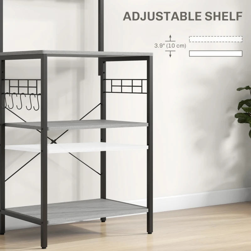 HOMCOM Kitchen Baker's Rack with Power Outlet, Coffee Bar Station with Adjustable Shelves and Hooks, Distressed Grey