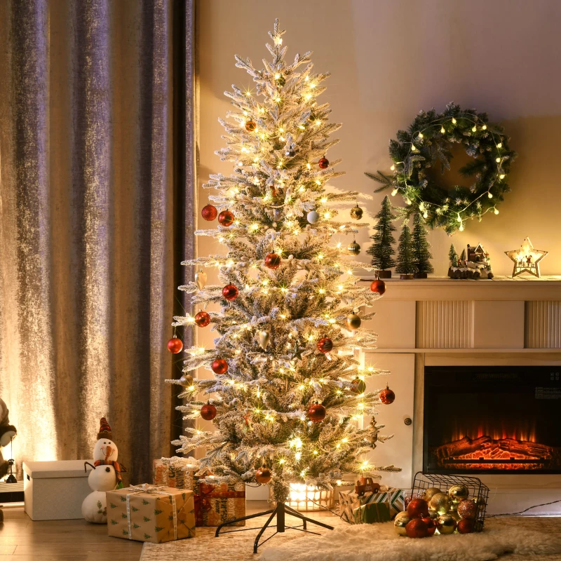 HOMCOM 6' Pre Lit Artificial Flocked Christmas Trees, with Snow Branches, Warm Yellow Clear Lights, Auto Open, Extra Bulb