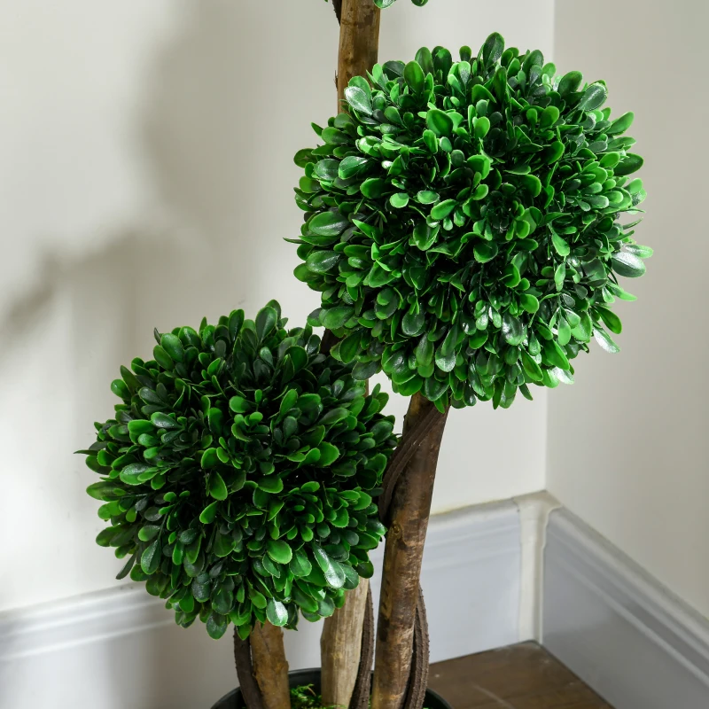 HOMCOM 3ft Artificial Tree, Triple Ball Boxwood Topiary with Pot and Sandalwood Leaves, for Indoor Outdoor Home