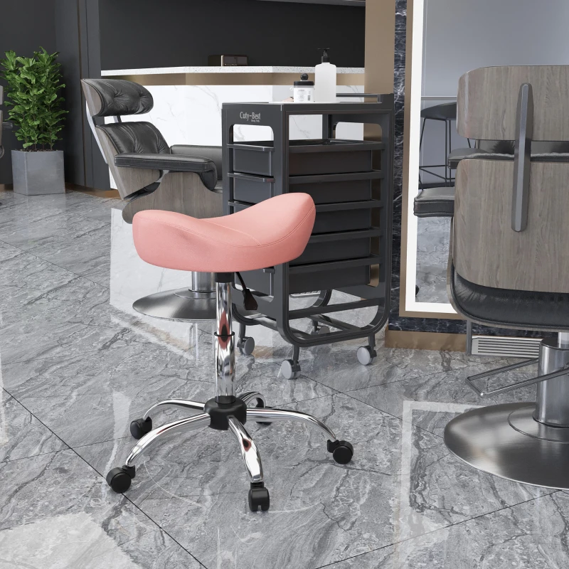 HOMCOM Ergonomic Saddle Stool with Wheels, Adjustable PU Leather Saddle Chair, 360° Swivel, NO Back Pain, Healthy Posture, Salon Chair for Massage Medical Home, Pink