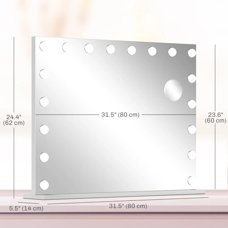 HOMCOM Hollywood Vanity Mirror with Lights, 31.5" x 24.4" Lighted Makeup Mirror with 3 Colour, 10X Magnifying, USB Port, White