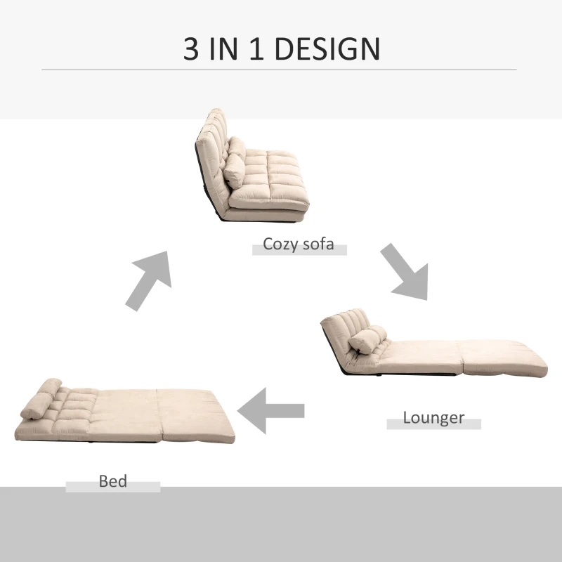 HOMCOM Convertible Floor Sofa Chair, Folding Couch Bed, Guest Chaise Lounge with 2 Pillows, Adjustable Backrest and Headrest, 51.25" L, Beige