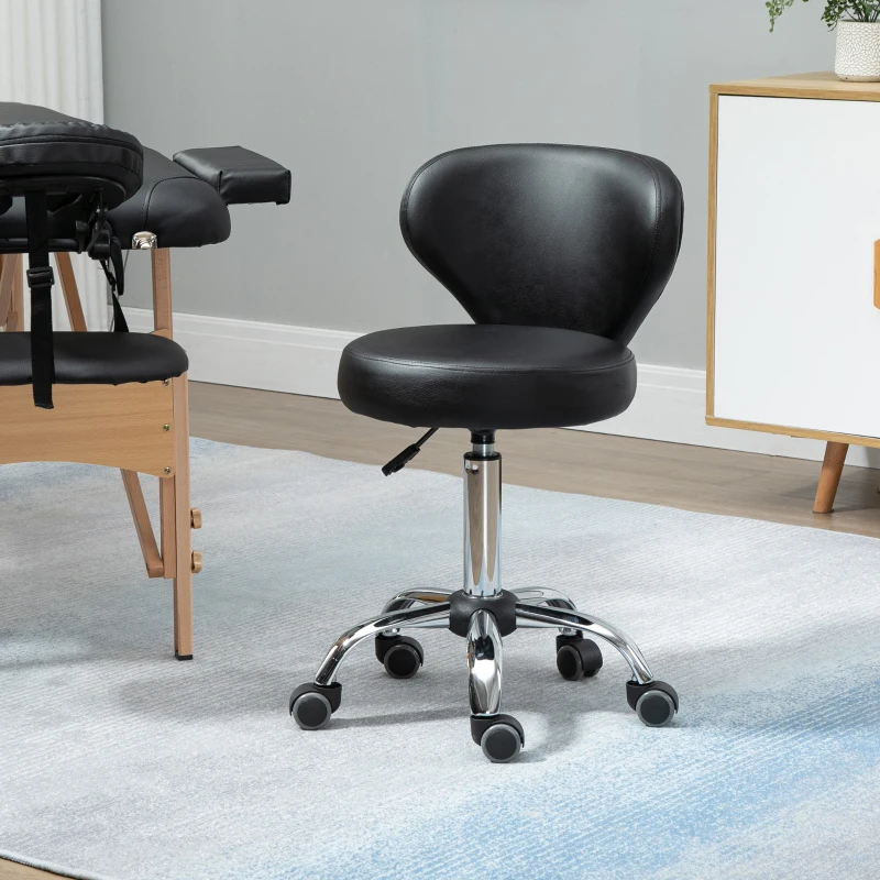 HOMCOM Adjustable Swivel Salon Stool with Backrest and Wheels, Office & Living Room Chair, Synthetic Leather, Black