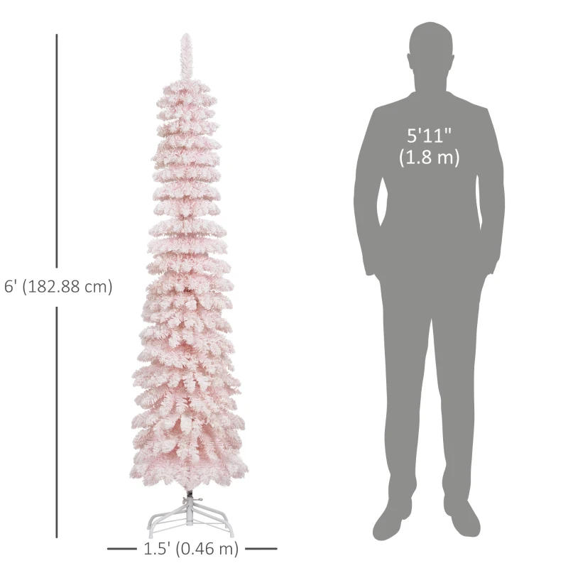 HOMCOM 6ft Snow-Flocked Artificial Christmas Tree, Slim Pencil Xmas Tree with 395 Realistic Branches, Metal Base, Pink