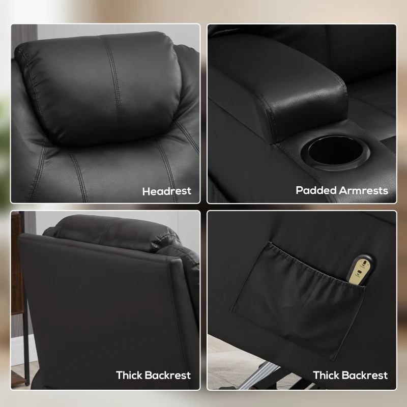 HOMCOM Power Lift Recliner Chair for Elderly, PU Leather Lift Chair with Thick and High Back, Footrest, Remote, Side Pockets, Cup Holders, Reclining Sofa for Living Room, Black